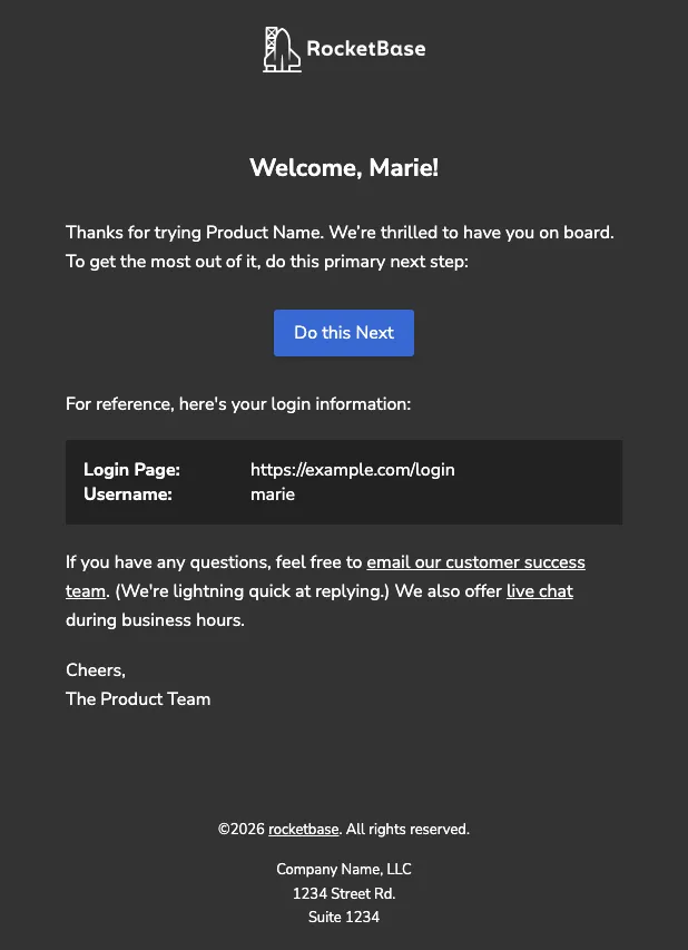 Welcome email in dark mode